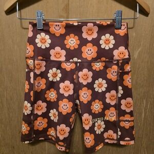 Elevated Faith Biker Shorts Womens S Brown Floral Smiley Face High Rise Pockets